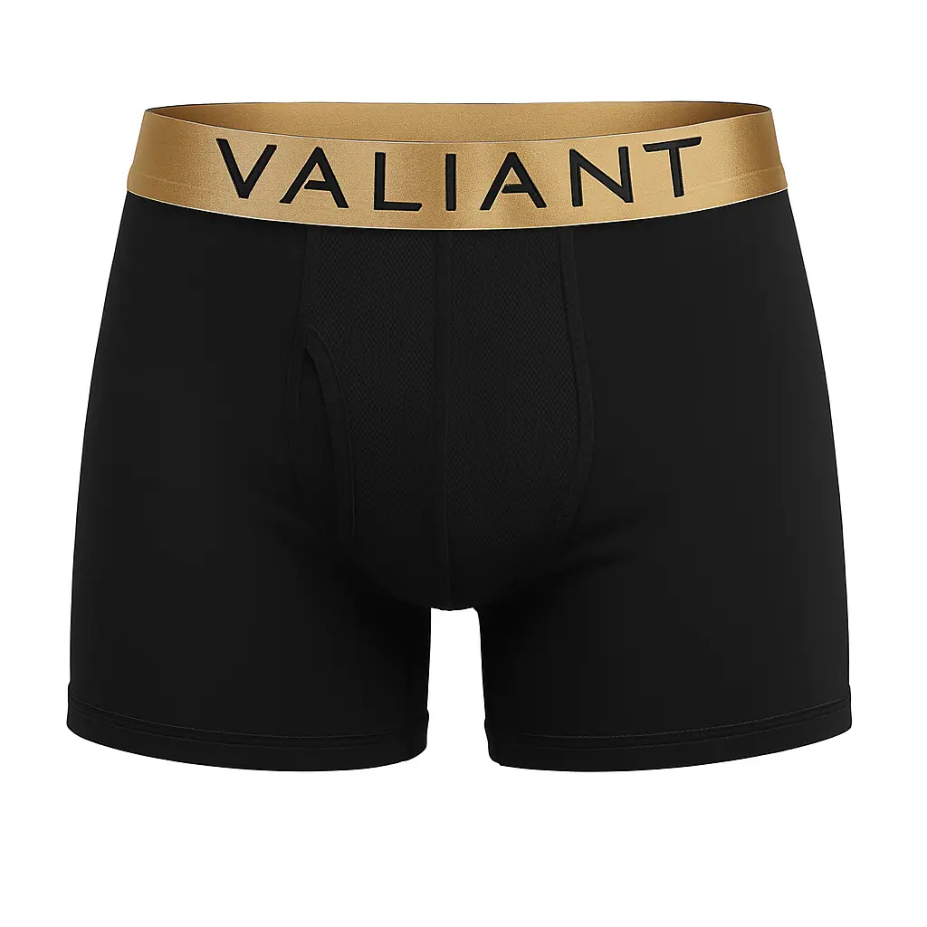 Black boxer briefs with a gold waistband featuring the brand 'Valiant' on a white background.