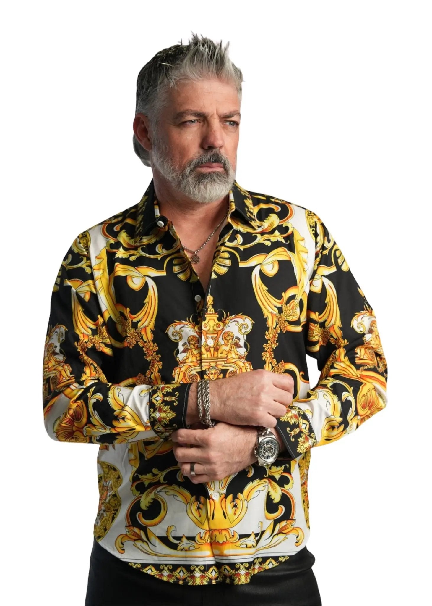 dress shirt semi formal baroque attire for men Mens Collared shirt with a button Men Baroque Print Short Sleeve
