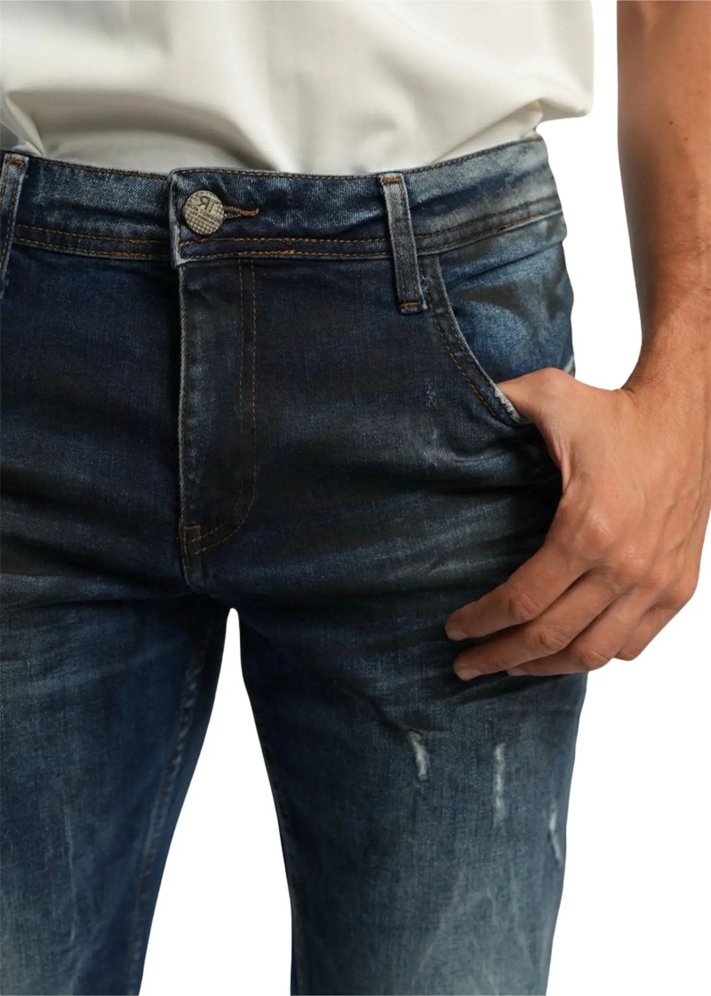 dark wash distressed jeans