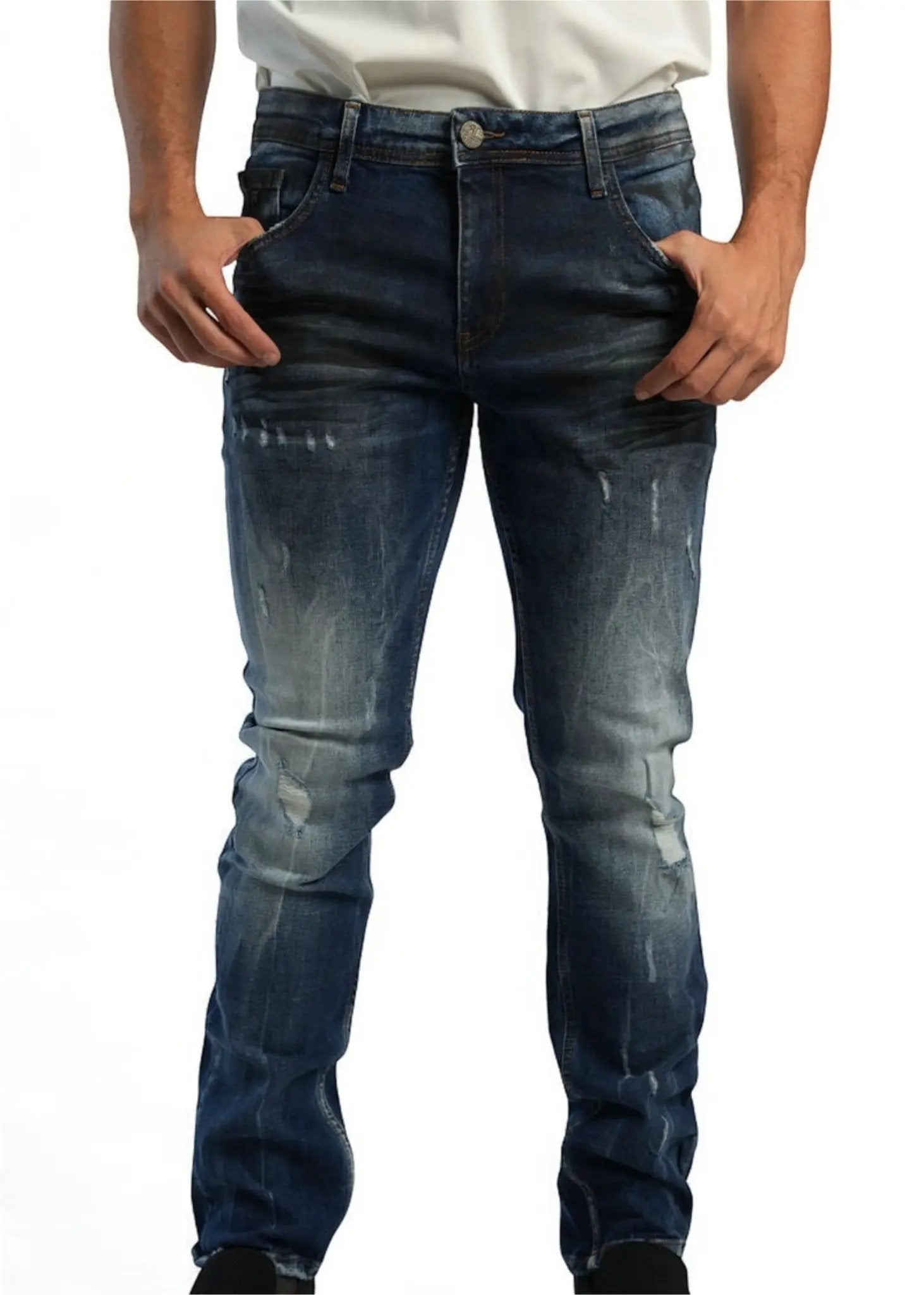 dark wash distressed jeans
